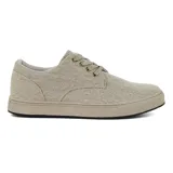 Zapato casual acordonado de lona color azul con rayas horizontales blancas, suela de goma blanca y forro interior azul.