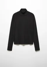 Jersey negro de punto fino con cuello alto, manga larga y terminaciones de canalé.