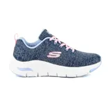Zapatilla deportiva Skechers Arch Fit - Comfy Wave, color azul con detalles en rosa y celeste. Capellada de malla knit, cordones elásticos y plantilla Arch Fit con soporte en el arco plantar certificado por podólogos.