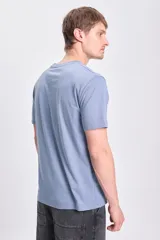 Remera de manga corta color celeste con estampa frontal con la frase "The ocean is both calm and wild".