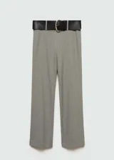 Pantalón de vestir gris con trabillas, cinturón decorativo y diseño recto. La modelo mide 1,78 y lleva una talla S/36.
