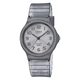 Reloj Casio con caja redonda gris y correa de plástico transparente.