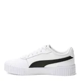 Championes urbanos Puma modelo Carina 2.0 para mujer, de color blanco con detalles en lila. Cuentan con una parte superior de material sintético, cierre de cordones y suela de goma con plataforma que incluye secciones acanaladas en la puntera y el talón.