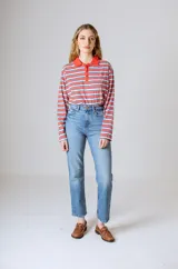 Camiseta de manga larga con cuello polo, rayas horizontales marrones y celestes, y cuello y tapeta de botones en color celeste liso.