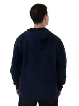 Buzo con capucha Columbia modelo Beaumount Hoodie, color azul marino, con bolsillo canguro frontal y etiqueta cuadrada con el logo de Columbia en el pecho.