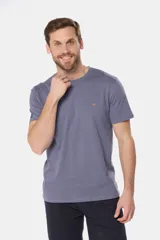 Remera celeste de manga corta con cuello redondo y bordado pequeño en el pecho. Corte clásico.