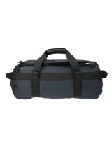 Bolso de viaje unisex RKF color azul marino, confeccionado en poliéster reciclado resistente al agua. Cuenta con compartimento principal con cierre, bolsillos interiores con cierre y de malla, correas de mochila ajustables, bolsillo delantero y trasero con cierre, correa ajustable y llavero mosquetón.