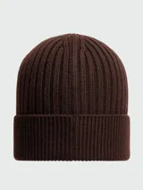 Gorro de lana con diseño de punto elástico en color negro, con vuelta y el icónico parche del logotipo de Moncler en la parte frontal.