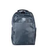 Mochila negra con detalles en blanco, diseño funcional y múltiples compartimentos.