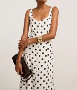 Vestido midi de corte evasé, sin mangas y escote cuadrado, confeccionado en viscolino bicolor blanco y negro con estampado de lunares.