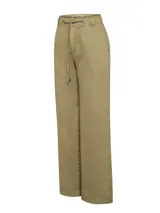 Pantalón de lino color verde oliva, con pretina de jersey ajustable con cordón, calce regular, bolsillos delanteros y traseros, y refuerzo de entrepierna.