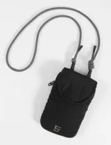 Funda porta celular color verde con cierre de cremallera y correa para colgar.