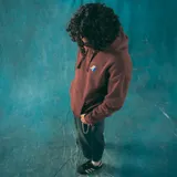 Canguro marrón con capucha, cordones ajustables y bolsillo tipo canguro. Estampado pequeño en el pecho con el logo de la marca.