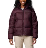 Campera acolchada tipo puffer de mujer, color borgoña oscuro, con cuello alto y cierre frontal completo. Presenta costuras horizontales que crean compartimentos rellenos de aislamiento Thermarator™.