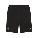Shorts deportivos Puma del Club Atlético Peñarol, color negro con cintura elástica ajustable, escudo del club bordado en la pierna izquierda y logo de Puma estampado en blanco en la pierna derecha.