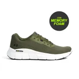 Championes deportivos American Sport modelo Nimbus para hombre, color verde militar con detalles en negro. Poseen capellada de malla transpirable, entresuela blanca con tecnología Memory Foam y suela con inscripción "slip resistant".