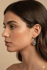 Aros tipo argolla plateados con dije circular colgante.