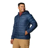 Campera Columbia azul con capucha, relleno de plumón de 650 fill power, forro termorreflectante Omni-Heat™, tecnología HeatSeal™ y tejido hidrófugo Omni-Shield™.