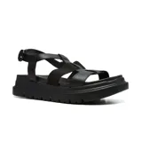 Sandalias negras con plataforma, tiras anchas de cuero y ajuste con hebilla.