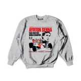 Buzo gris melange de algodón con estampado de Ayrton Senna, piloto de Fórmula 1, con su auto de carreras y los años en que fue campeón mundial.