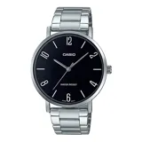 Reloj Casio con caja y correa de acero plateado, esfera negra y cristal mineral.