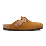 Zueco Boston LEVE Braided color marrón con plantilla anatómica de corcho y látex, capellada de cuero gamuzado y tira trenzada con hebilla metálica ajustable.