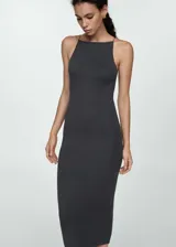 Vestido midi negro de algodón con elastano, corte ajustado, cuello halter y tirantes finos.