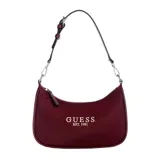 Cartera Guess Arona tipo baguette color bordó, confeccionada en poliuretano con diseño plisado y detalles dorados. Tiene cierre superior con cremallera, correa cruzada removible y logo frontal.