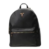 Mochila negra de diseño moderno con detalles dorados y compartimento frontal con cremallera.