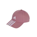 Gorra de béisbol Adidas color rosa con logo bordado en blanco en el frente y tres franjas blancas en la visera.