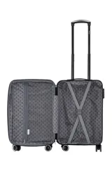 Valija rígida color verde con diseño geométrico en relieve, carro reforzado, cierre expansible, ruedas dobles spinner 360 desmontables, sujeción y compartimiento interno. Candado incorporado. Material ABS. 19 pulgadas.