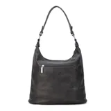 Cartera negra de símil cuero con doble cierre superior, bolsillo frontal con tapa y broche magnético, bolsillos laterales con cierre y correa larga regulable y desmontable.