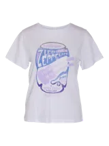 Camiseta blanca de algodón con estampado del logo de la banda Led Zeppelin en tonos azul y violeta.