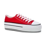 Zapatillas acordonadas blancas de tela con plataforma y detalles en burdeos y negro.