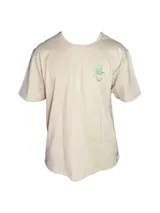 Remera color beige de algodón premium, manga corta y cuello redondo. Presenta un estampado circular en el centro del pecho con un diseño abstracto en tonos grises.