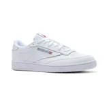 Championes Reebok Club C 85 de cuero blanco, con detalles en gris y rojo.