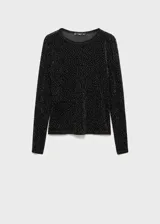 Camiseta negra de poliéster y elastano con cuello redondo, manga larga, diseño entallado y detalle de strass.
