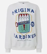 Buzo de algodón y poliéster color blanco, con cuello redondo, puños y bajo en rib. Presenta un estampado frontal grande con una lata de sardinas y el texto "ORIGINAL" y "100% fresh".