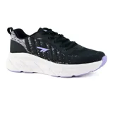 Championes deportivos Hi-Tec Foster, color negro con detalles en gris y violeta. Capellada de malla transpirable con refuerzos sintéticos, entresuela de EVA para amortiguación y suela de goma para tracción.