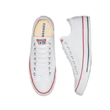 Championes Converse Chuck Taylor All Star blancos de lona, con suela de goma blanca con detalles en rojo y azul.