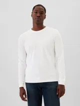 Remera de manga larga blanca con cuello redondo y puños, confeccionada en tejido de punto.