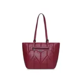 Cartera tipo shopper color marrón con diseño geométrico acolchado. Tiene doble asa de hombro con hebillas ajustables y cierre superior con cremallera. Incluye bolsillo frontal con cremallera y tirador de flecos.