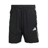 Short deportivo Adidas Tiro Essentials color negro con logo blanco y tres tiras blancas a los costados.