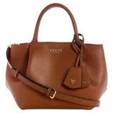 Cartera tipo satchel de mujer marca Guess, color marrón (cognac), confeccionada en poliuretano texturizado. Presenta dos asas superiores y una correa ajustable y removible para llevar al hombro o cruzada. Incluye un dije colgante decorativo con el logo de la marca.
