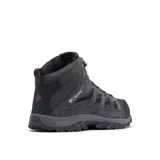 Bota de trekking Columbia Crestwood Mid Waterproof para hombre, color gris oscuro con detalles en negro y rojo. Confeccionada en cuero, malla y cinchas, con tecnología Omni-Tech impermeable y transpirable, entresuela TechLite para amortiguación y suela Omni-Grip para tracción en todo tipo de terrenos.