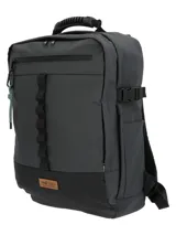 Mochila unisex color gris oscuro, resistente al agua, hecha de poliéster reciclado. Tiene compartimento principal con cierre a prueba de agua, bolsillo interior para laptop de 15", compartimento frontal con cierre a prueba de agua y bolsillos interiores, bolsillo frontal con cierre, bolsillos laterales para botellas, correas compresoras, correas de hombro ajustables y ocultables, pasador para manilla de maleta, forro interior 100% poliéster reciclado e incluye llavero mosquetón.
