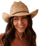 Sombrero de paja color beige, estilo cowgirl, con cinta marrón alrededor de la base de la copa.