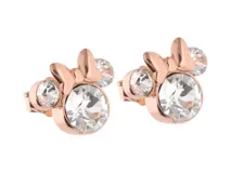 Par de aros con forma de la cabeza de Minnie Mouse, con moño y detalles en color oro rosa y circonitas transparentes. Cierre a presión. Producto oficial de Disney.