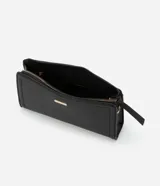 Cartera transversal pequeña de PU color negro, con cierre de cremallera y correa larga.
