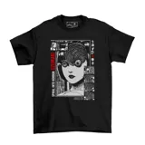 Remera negra con estampado del manga de terror Uzumaki de Junji Ito.